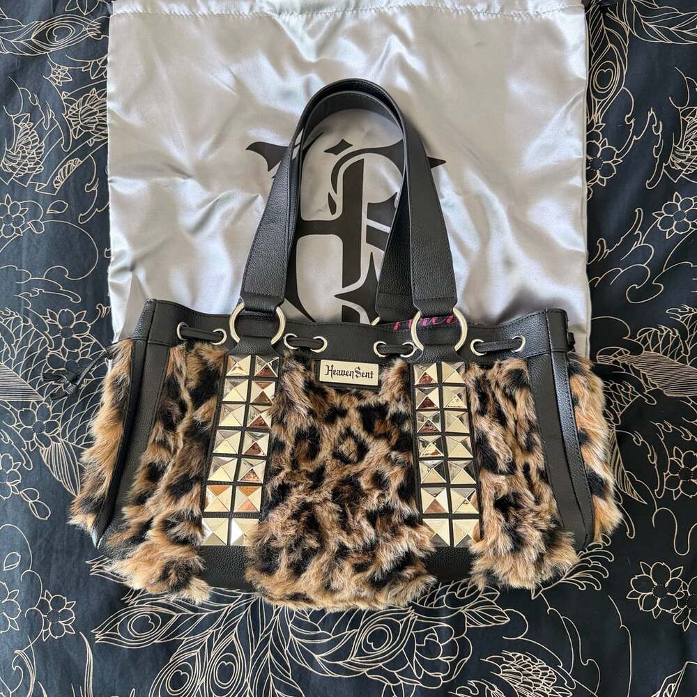 Heavensent Leopard Affliction Handbag Faux Fur Studded Tote Bag RARE